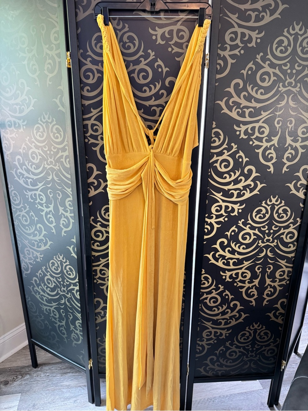 Fashion Nova Golden Mustard Draped Maxi Dress
